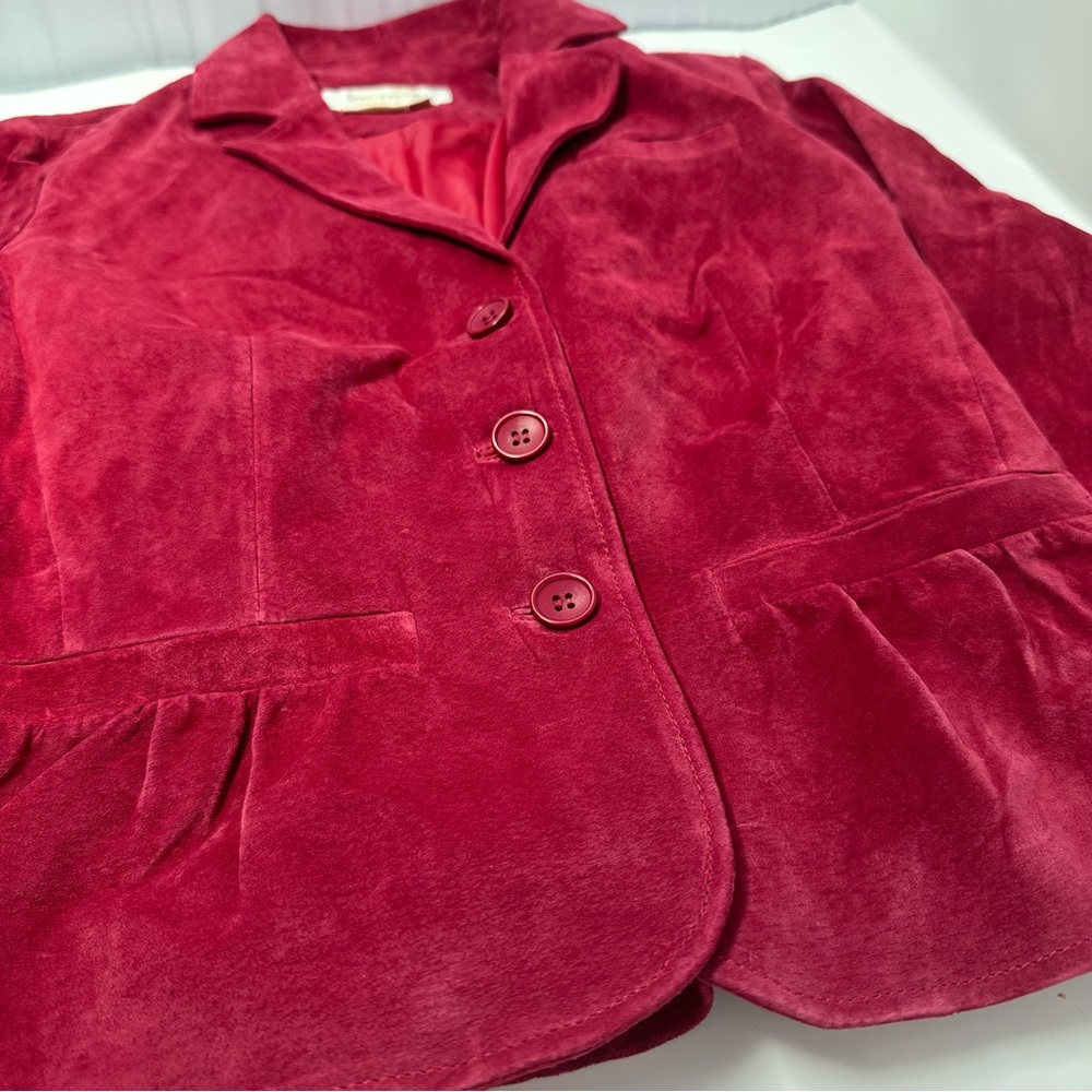 Luxurious Red Genuine Leather Blazer with Ruffled Pocket